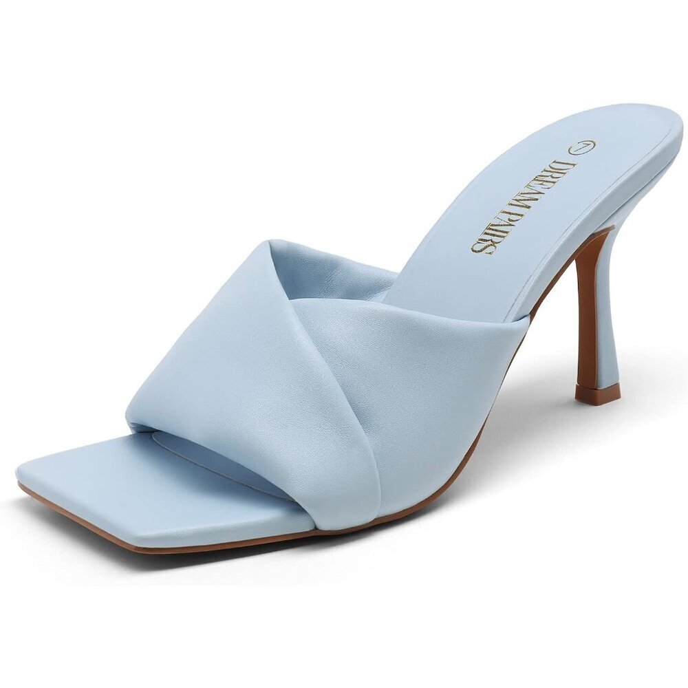 Women's Baby Blue Stiletto Heel Mules Open Toe Slip On Dress Pumps Sandal Party